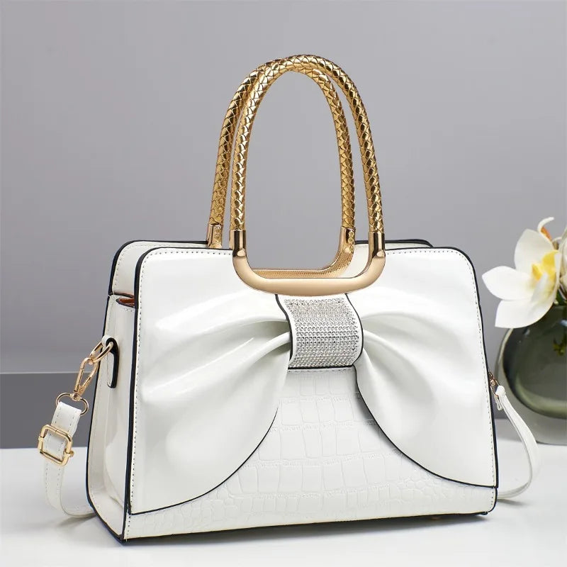 2025 New Women Luxury Designer Glossy Leather Evening Handbags Ladies Crossbody Shoulder Bag Fashion Diamond Bow Totes Bags