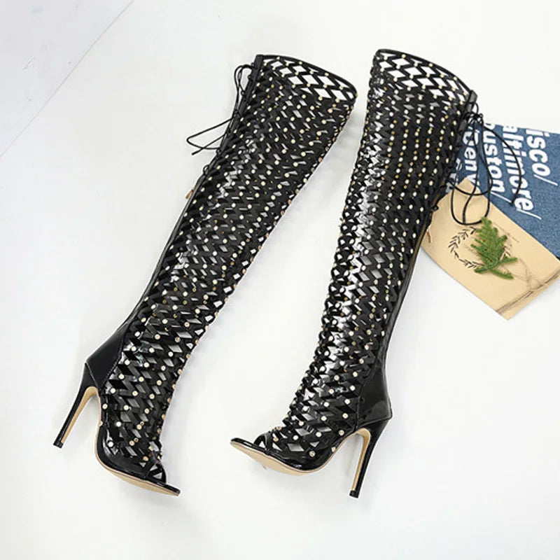 Sexy Rivet Hollow Super High Heels Shoes Women's Steel Pole Dance Over the Knee Boots Women Summer Mesh Peep Toe Sandals
