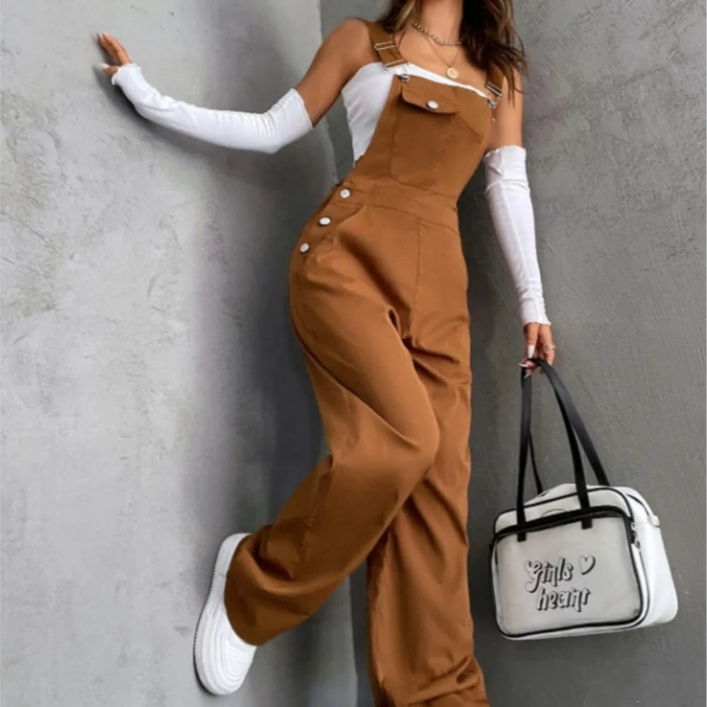 New Casual Women's Jumpsuit Spring Summer Solid Color Simple Loose Retro Style Sleeveless High Waist Backless Wide Leg Overalls