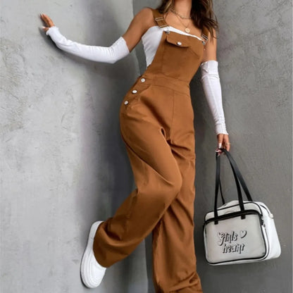 New Casual Women's Jumpsuit Spring Summer Solid Color Simple Loose Retro Style Sleeveless High Waist Backless Wide Leg Overalls