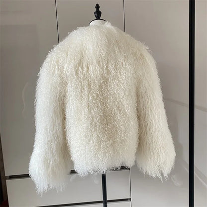 Mongolian Fur Coats Fur Lapel Jacket Women Elegant White Fluffy Solid Thicken Warm Long Sleeves Coats Winter Chic Oversize Lady