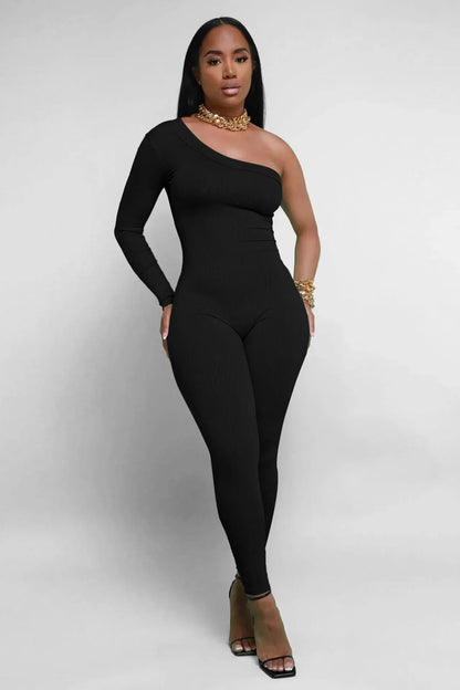 Fashion Knit Ribbed Women One Shoulder Long Sleeve Yoga Sport Sexy Jumpsuit Streetwear Playsuit One Piece Suit Romper Outfit