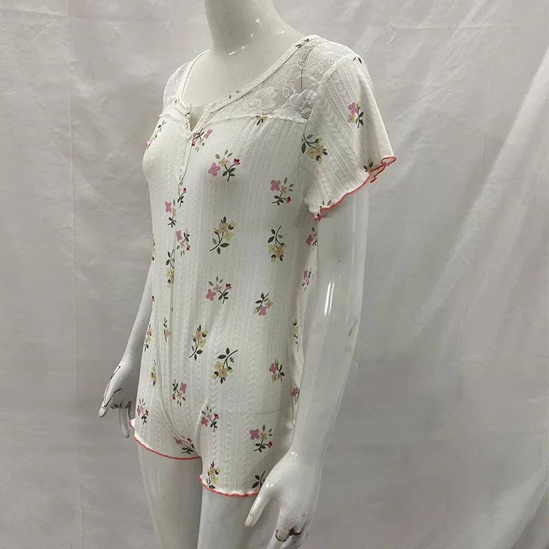 Summer Women's Floral Print Lace Trim Button Front Short Sleeve Ruffled Hem Bodycon Romper Pajamas Loungewear Sleepwear for Home