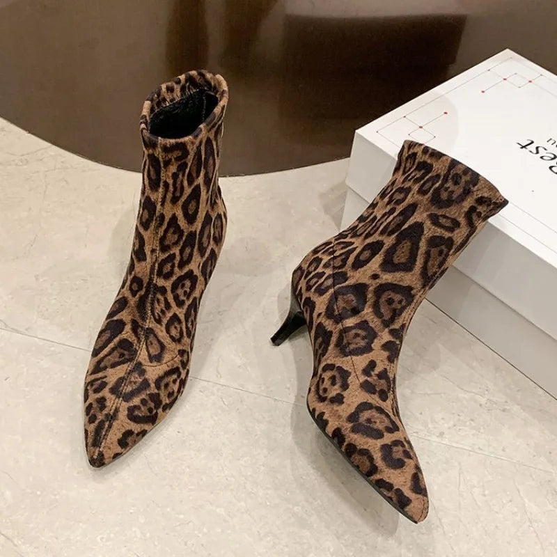 Brand Design Leopard Elastic Boots Women 2025 Winter Sexy Pointed Toe High Heel Party Boots Womens Dress Pumps Fashion Booties