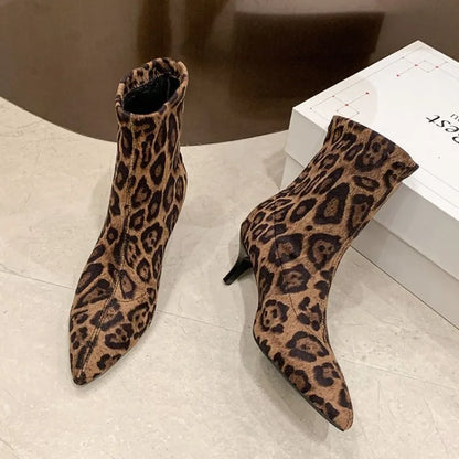 Brand Design Leopard Elastic Boots Women 2025 Winter Sexy Pointed Toe High Heel Party Boots Womens Dress Pumps Fashion Booties