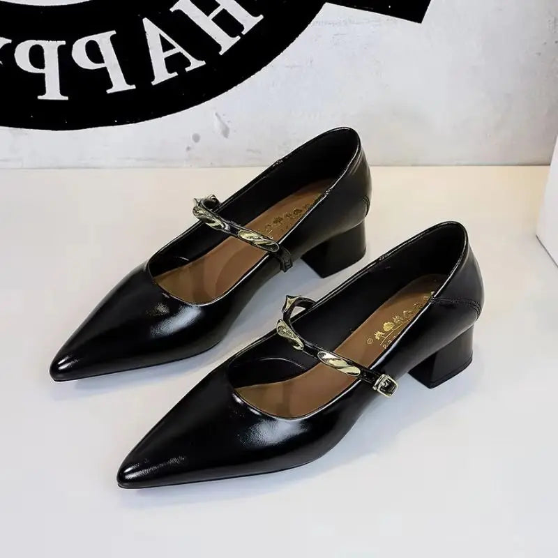 Women Korean Vintage Soft Split Cow Leather Pointed Pumps Simple Single Metal Buckle Strap Mid Chunky Heel Comfort Office Daily
