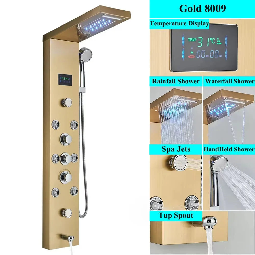 LED Shower Panel Tower System Rain Waterfall Shower Column With SPA Massage Temperature Screen athtub Water Mixer Tap Faucet Set