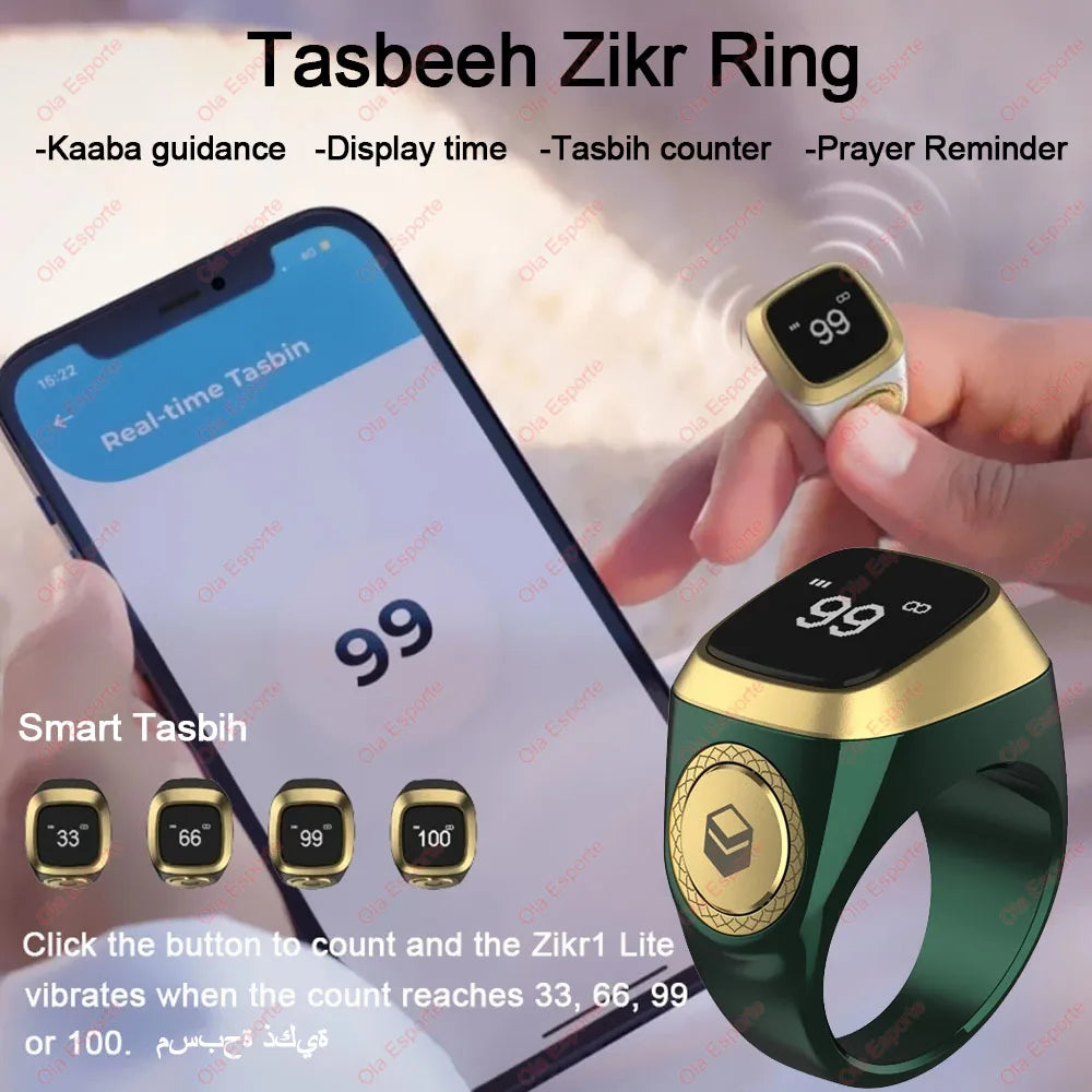 2026 Qibla Smart Zikr Ring Praise Tasbih Tally Electronic Digital Counter for Muslims 5Prayer Time Vibration Reminder Waterproof