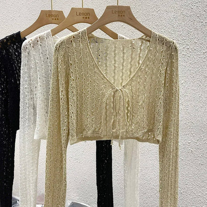 Women Tie Front Crop Cardigan Sheer Openwork Crochet Knit Top Lightweight Bolero Sweater Summer Fairycore Boho Chic Beach Outfit