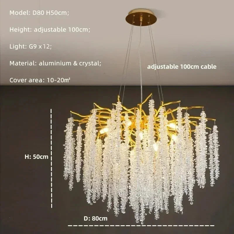 Modern Luxury Gold Branch Tassel Crystal LED Pendant Light Dining Room Living Room Indoor Home Decoration Atmosphere Fixtures