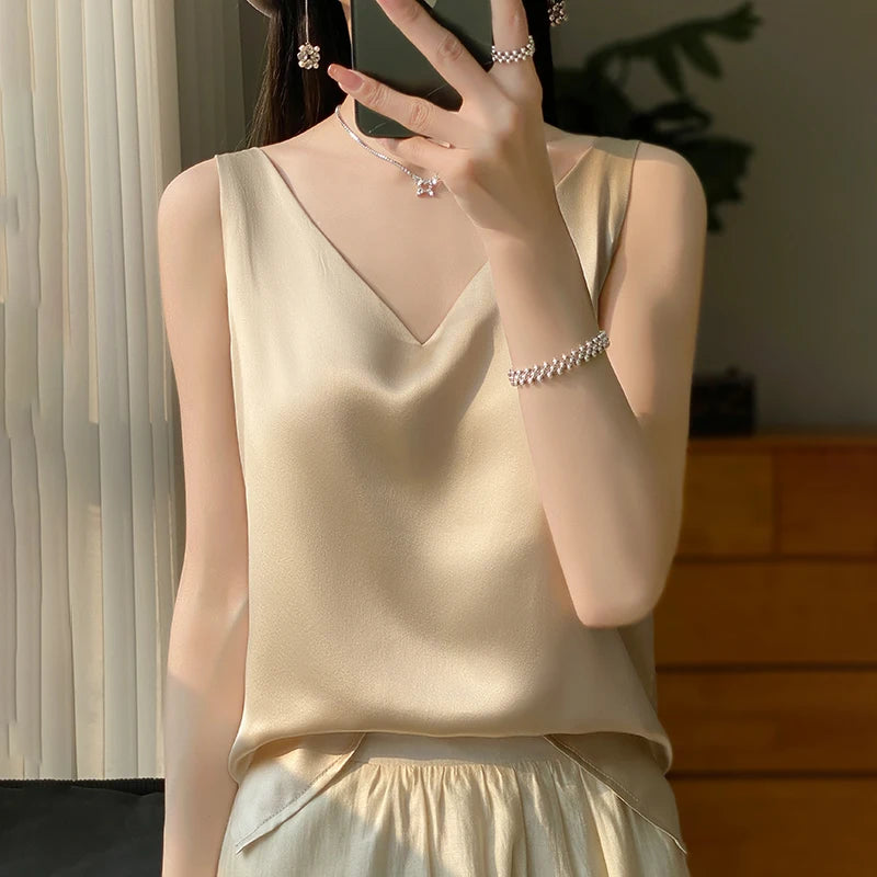 New Lce Silk Satin Camisole Women's Spring/Summer Solid Color Sleeveless Sexy Comfortable Silk Underwear Vest RW-D09