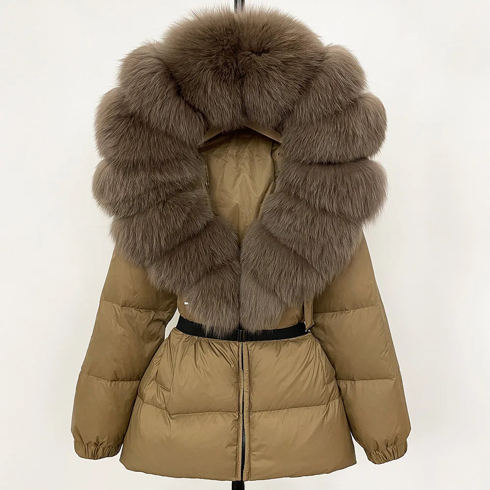 Hot Sale Women Luxury Black Down Jacket Waist‑Cinched Design High‑End Elegant Real Big Fox Fur Hooded Collar Winter Outerwear