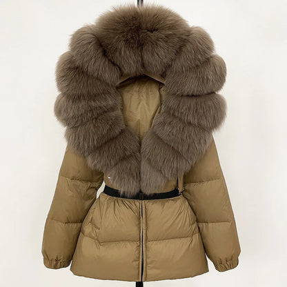 Hot Sale Women Luxury Black Down Jacket Waist‑Cinched Design High‑End Elegant Real Big Fox Fur Hooded Collar Winter Outerwear