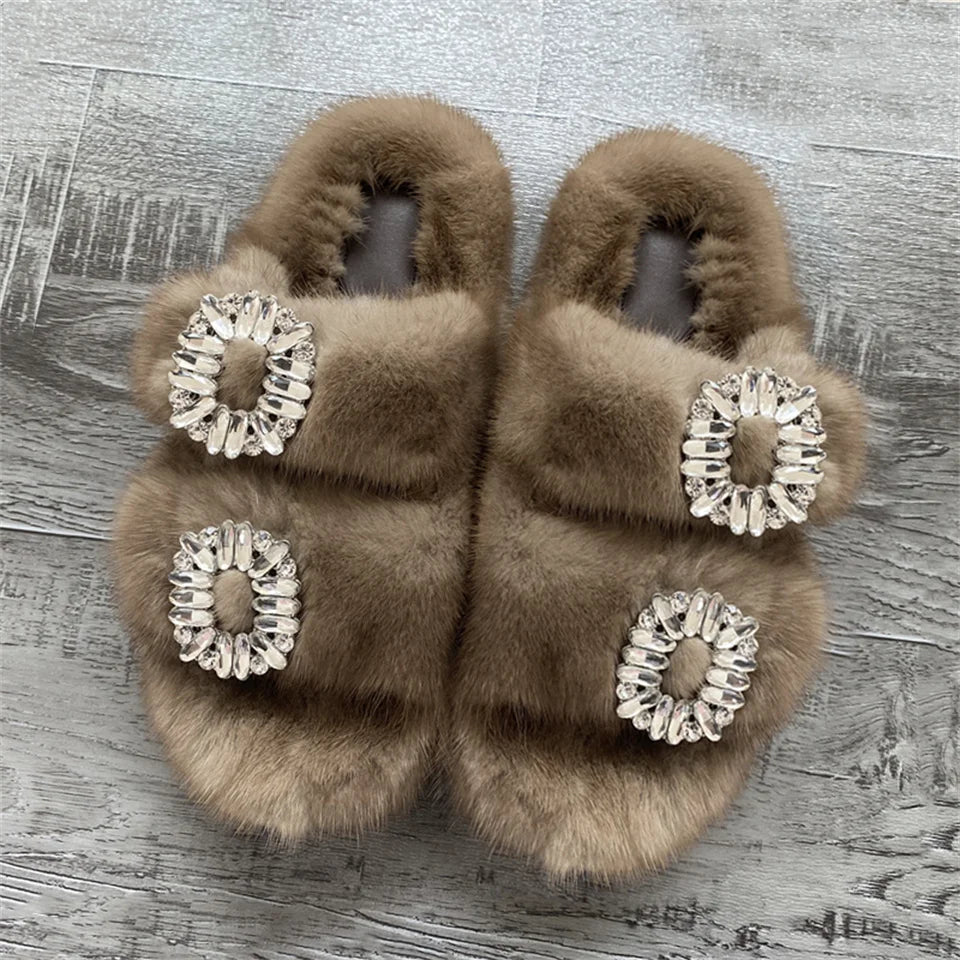 2025 New Women Fur Slippers Shoes Women Warm Winter Crystal Fur Shoes For Women Slippers Casual Plush Comfortable Mink Slippers