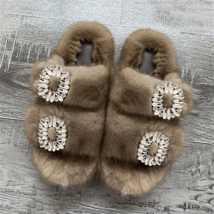 2025 New Women Fur Slippers Shoes Women Warm Winter Crystal Fur Shoes For Women Slippers Casual Plush Comfortable Mink Slippers