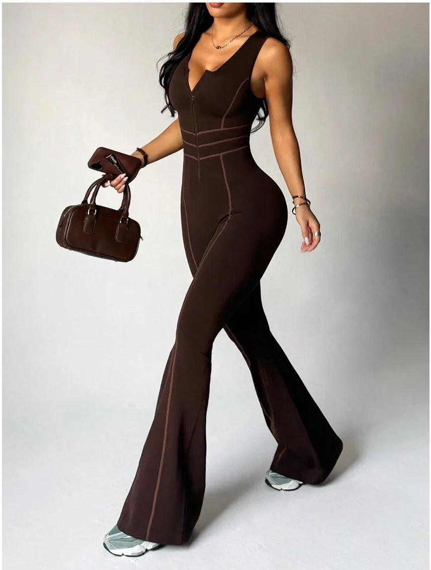 Greenora Women Sexy Zip Up Jumpsuit Contrast Stitch Flare Pants One Piece Outfits Streetwear Bodycon Romper Y2K Clubwear 2026