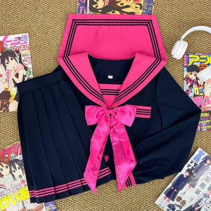 Japanese Dark College Style Rose Red Three Sailor Suit JK School Uniform,Slim Pleated Skirt Set for Campus Daily Graduation Wear
