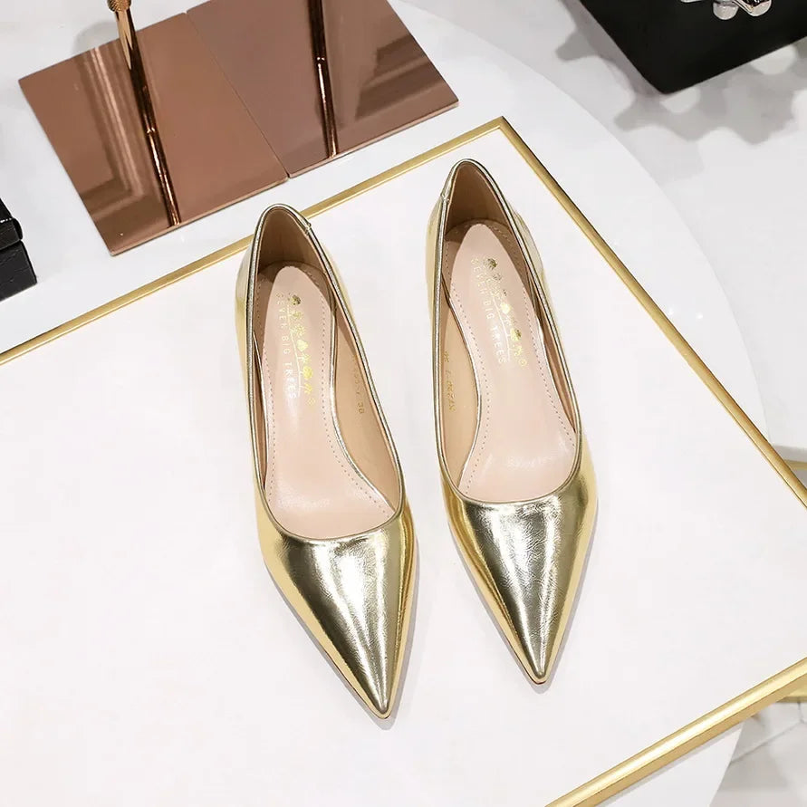 Women Comfortable 3.5cm High Heels Shallow Pointed Toe Work Pumps Lady Glossy Leather Low Heels 2024 Luxury Brand Designer Shoes