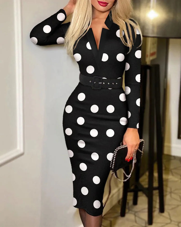 Elegant Women's Allover Print V Neck Pencil Dress with Long Sleeves And Belt Size Guide in Product Description