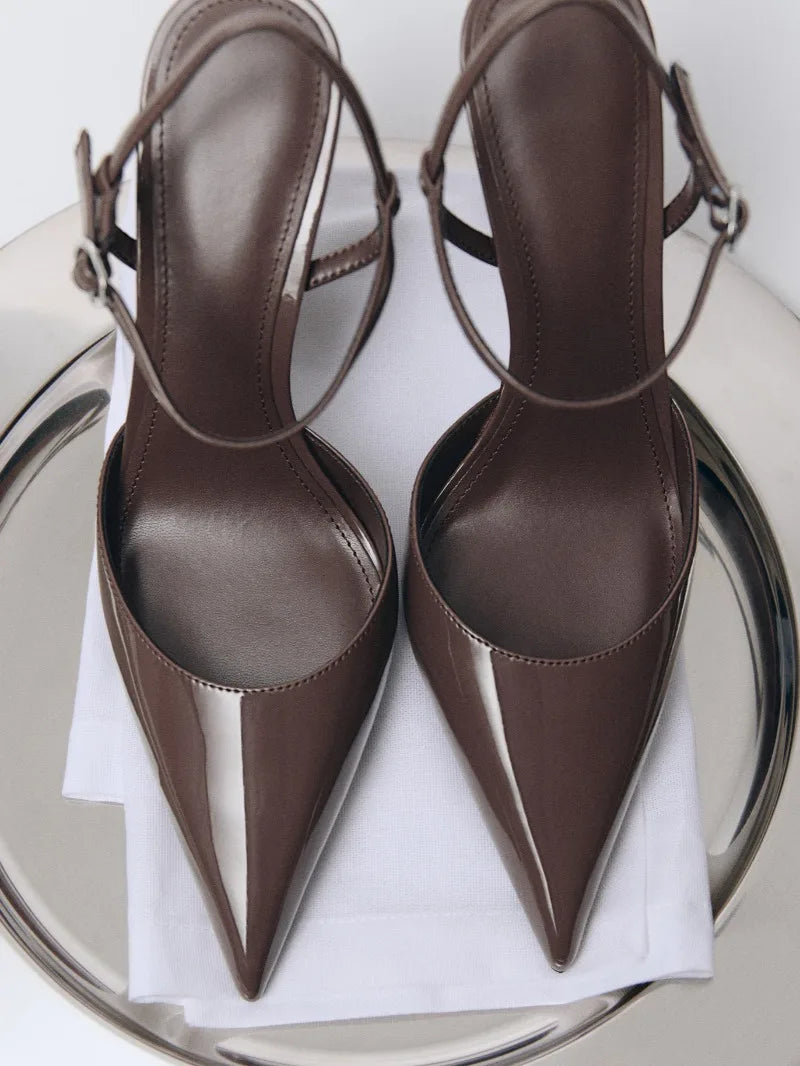 Fashion Brown Patent Leather Pointed Toe High Heels Women Luxury Ankle Strap Buckle Stiletto Sandals Elegant Banquet Dress Shoes