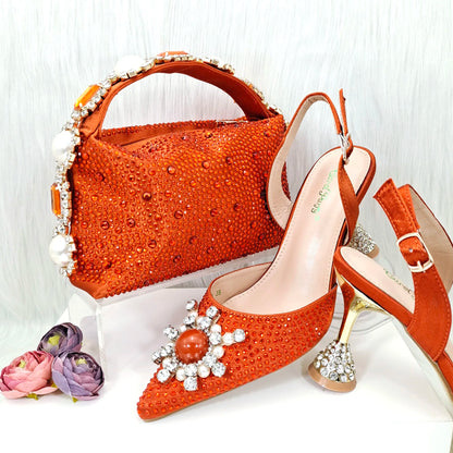 QSGFC 2023 New Fashion Purple Sandals Sequins Rhinestone Point Toe High Heels Slingback Women's Dress Women's Shoes & Bag Set