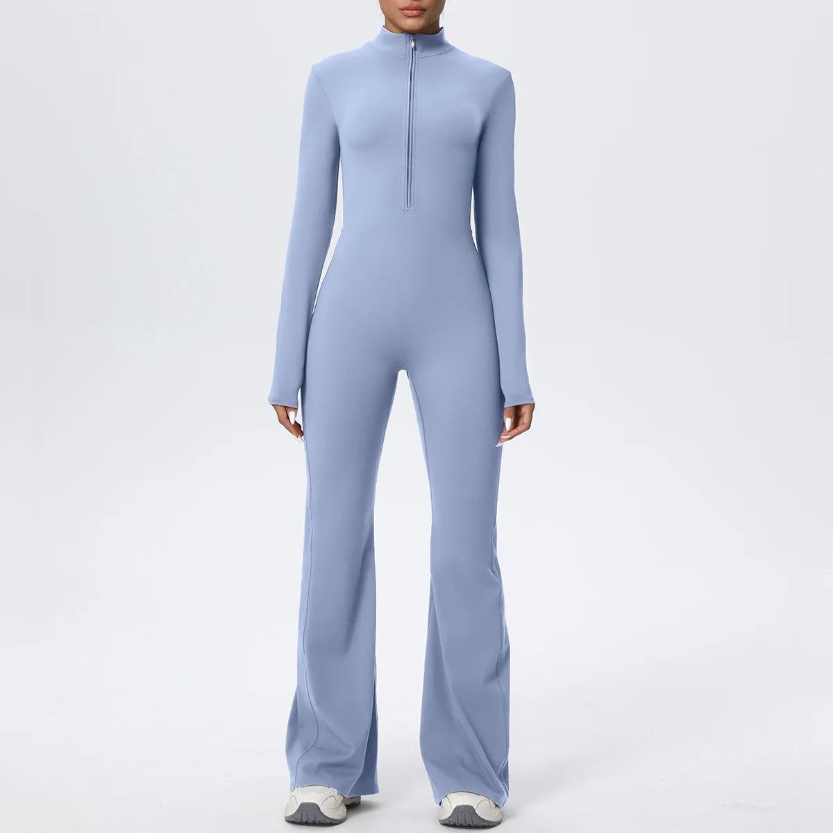 Women Long Sleeve Flare Workout Zip Up Romper Bottom Pants Wide Leg Bodysuit Bodycon One Piece Jumpsuit Activewear XP27