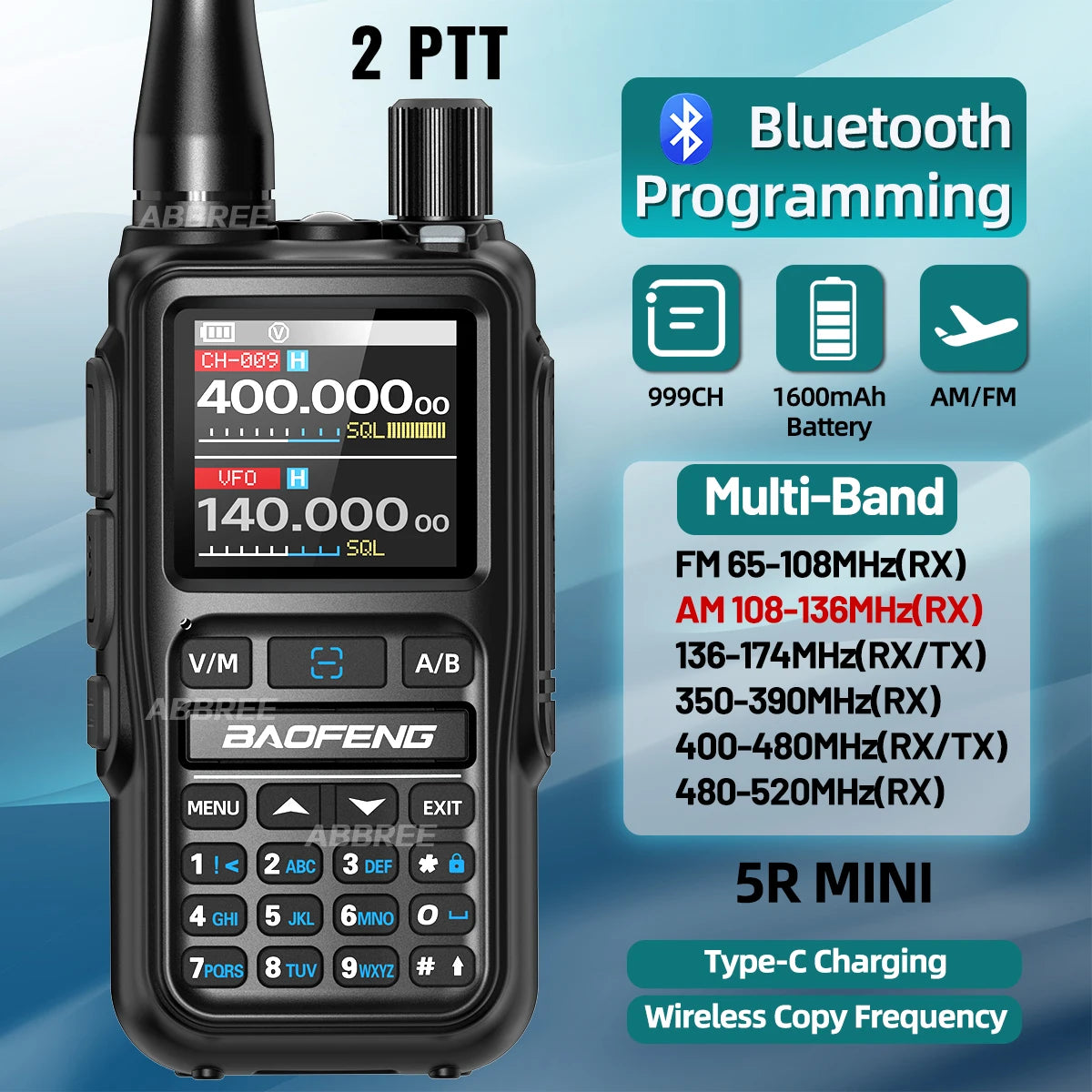 Baofeng UV-5R Mini Walkie Talkie Dual PTT Wireless Bluetooth Programming NOAA Portable Long Range Ham Radio for Camping outdoors