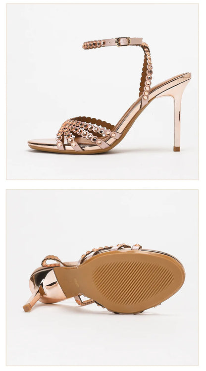 Luxury Crystal Cross Tied High Heel Sandals Women Sexy Open-toe Ankle Strap Buckle Stiletto Sandals Elegant Banquet Dress Shoes