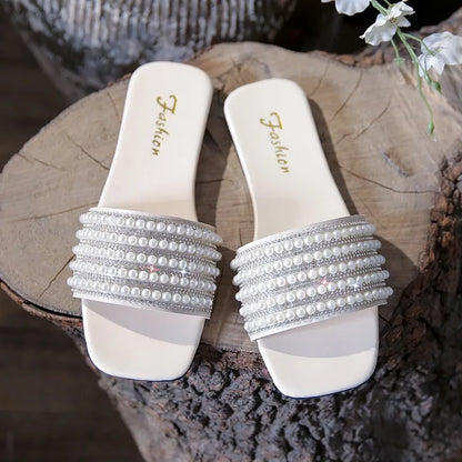 Flat Slippers Female 2025 Summer New Fashion Beach Non-slip Women's Slippers Outdoor Pearl Luxury Brand Designer Shoes Zapatos