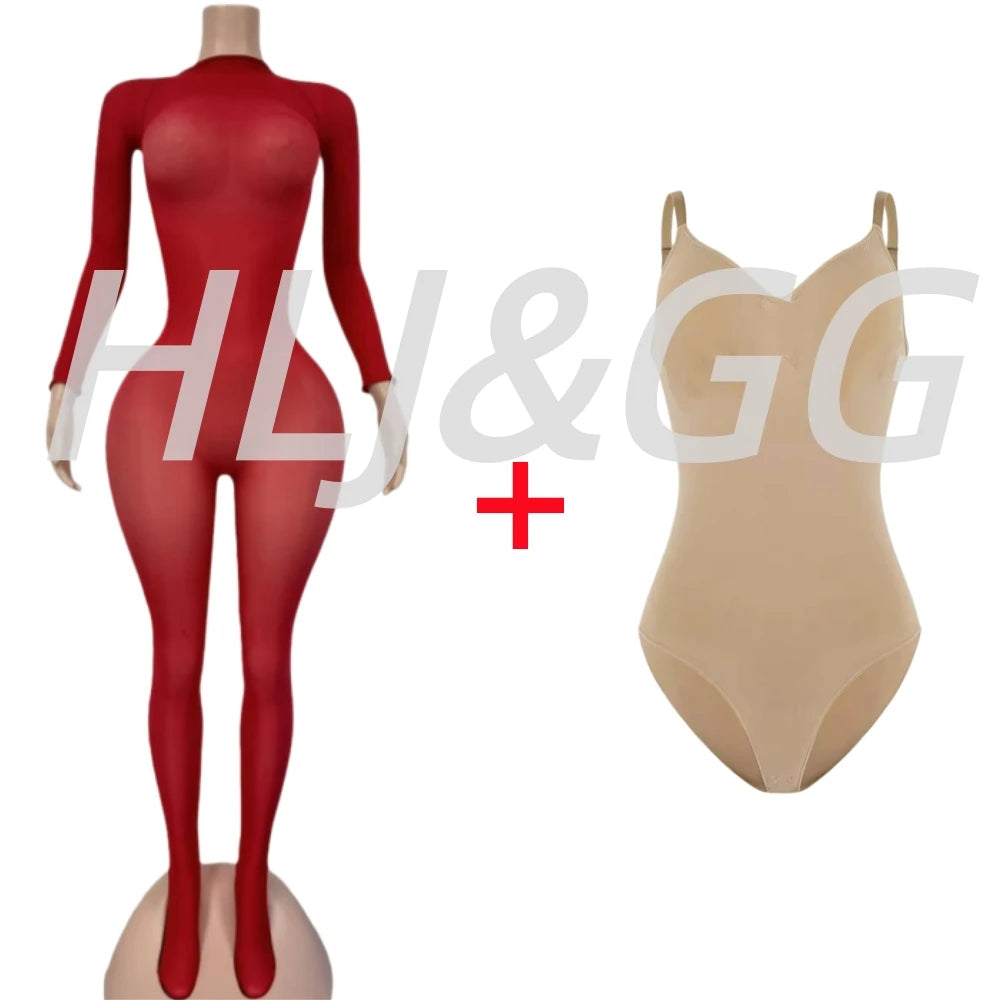 HLJ&GG Sexy Mesh See Through Bodycon Jumpsuits And Bodysuits Suits Women Long Sleeve Stretchy Playsuits Party Night Club Overall