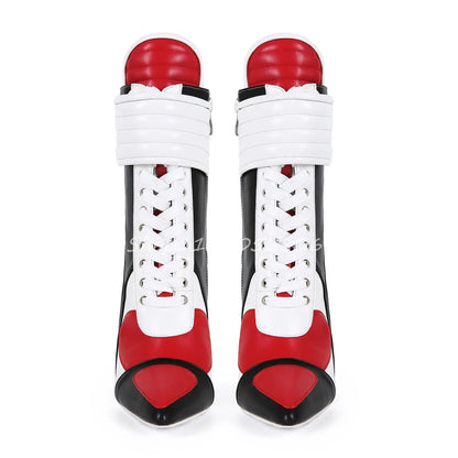 2026 Knee High Woman Boots Sexy Pointed Toe Lace-up Ladies Long Boots Thin Heel Patchwork Leather Motorcycle Boots 44