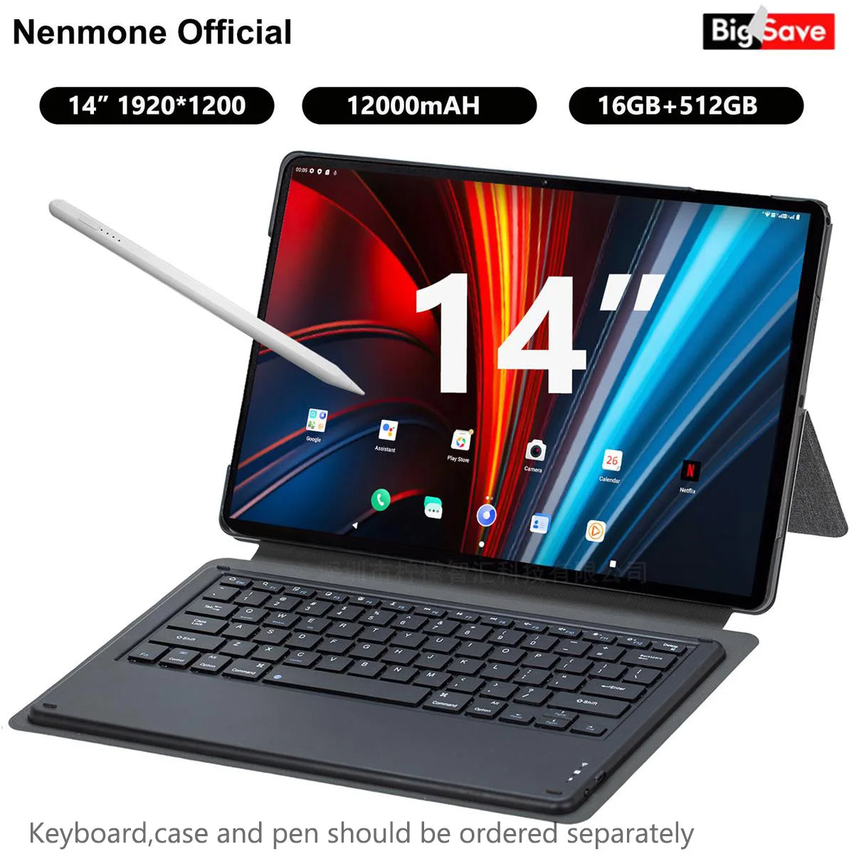 Nenmone Mpad15 14 inch Tablet 2 In 1 Tablet Laptop 14" Octa Core 16GB RAM 512GB ROM Android15 Tablet With Keyboard 2.4G/5G WiFi