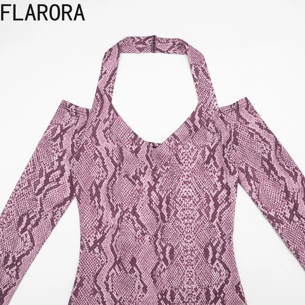 FLARORA Sexy Serpentine Print Jumpsuits Woman Halter Off-shoulder Full Sleeve Skinny Peach Hip Playsuits Hottie Party Clubwear