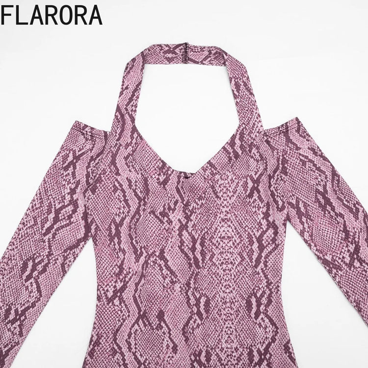 FLARORA Sexy Serpentine Print Jumpsuits Woman Halter Off-shoulder Full Sleeve Skinny Peach Hip Playsuits Hottie Party Clubwear