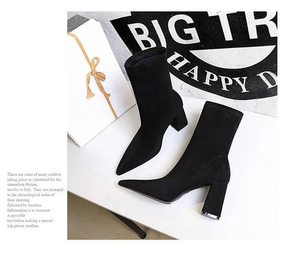 BIGTREE Shoes High Heel Boots Suede Women Ankle Boots Pointed Toe Socks Boots Thick Heel Women Shoes Warm Winter Boots Size 43