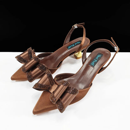 Queena Yan Hot Selling Fashion Mature Coffee Color Butter-fly Design Pointed Toe High Heel Party Wedding Lady Shoes and Bag Set