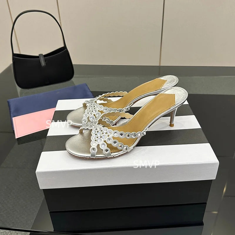 Summer 2026 Women's Pink Crystal High Heels Diamond-Encrusted Slim Heel Sandals for Outdoor Weddings Parties Fashionable Ladies'