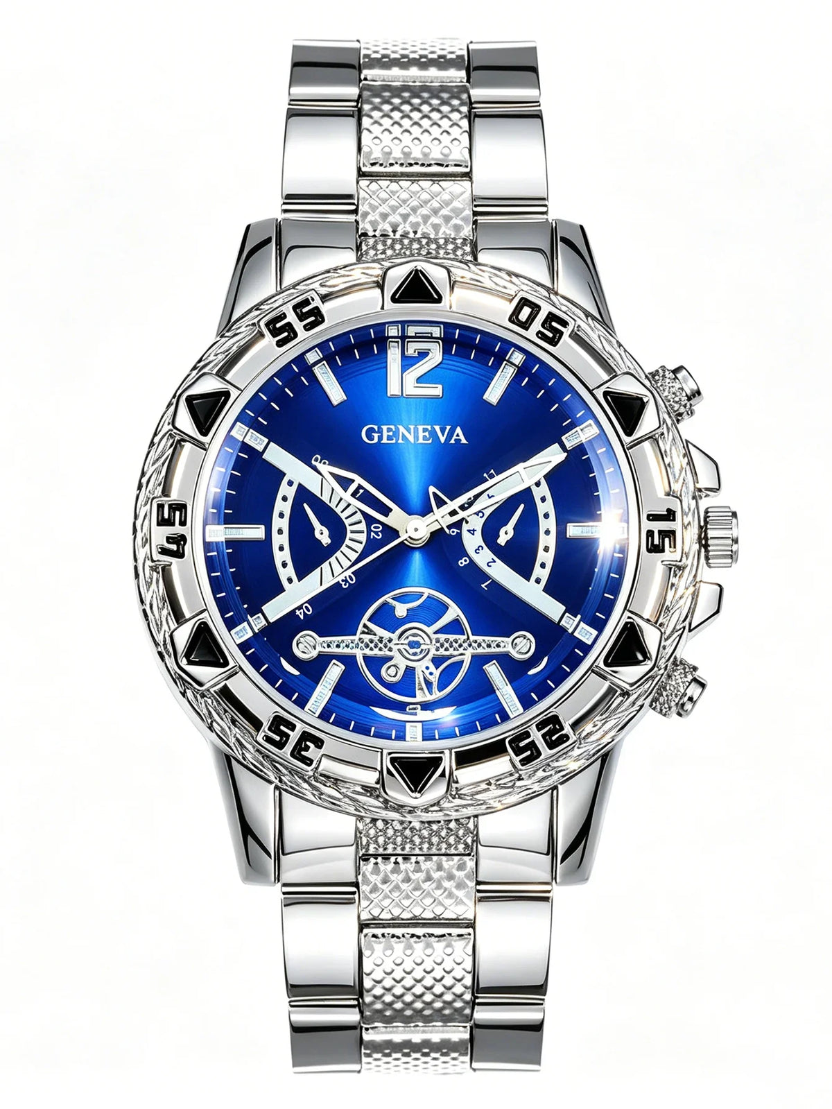 Men 3Pcs Geneva Watch Jewelry Set Blue Dial Quartz Wrist Watch Spear Necklace Rhinestone Ring, Boxes Not Included