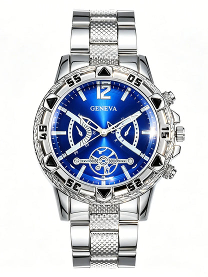 Men 3Pcs Geneva Watch Jewelry Set Blue Dial Quartz Wrist Watch Spear Necklace Rhinestone Ring, Boxes Not Included