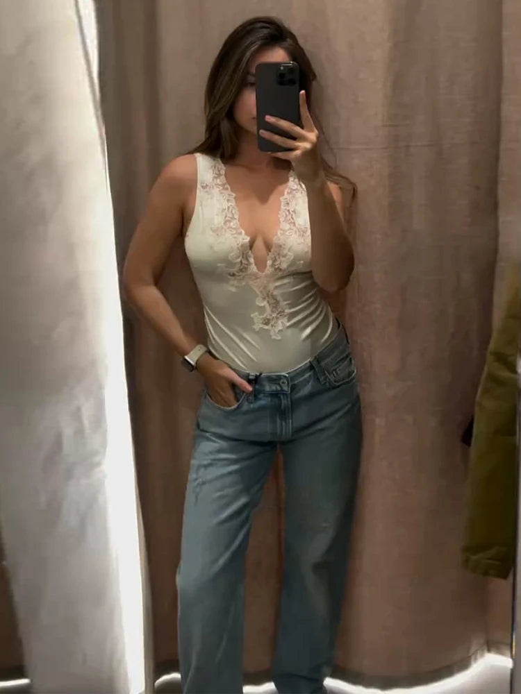 Women's Bodysuit Lace Patchwork Hollow Out Bodysuits Transparent Female Deep V See Through Partywear Spring Sexy Ladies Clubwear