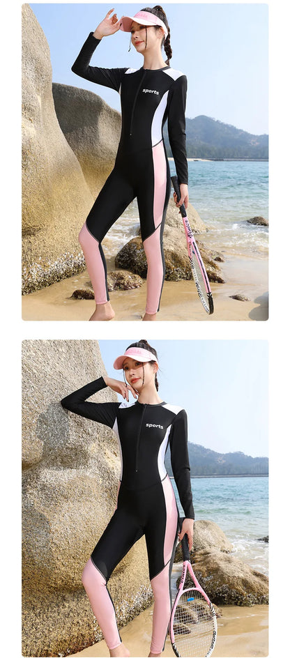 Women One Piece Long Sleeve WaterProof Outdoor Sports Beach Push Up SwimWear Female Full Body Quick-Dry Bathing Rash Guard
