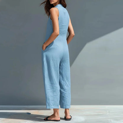 Summer Sleeveless Jumpsuit Women V Neck Solid Color Pocket Cotton Linen Long Pants Jumpsuits Women Romper Commuting Playsuits