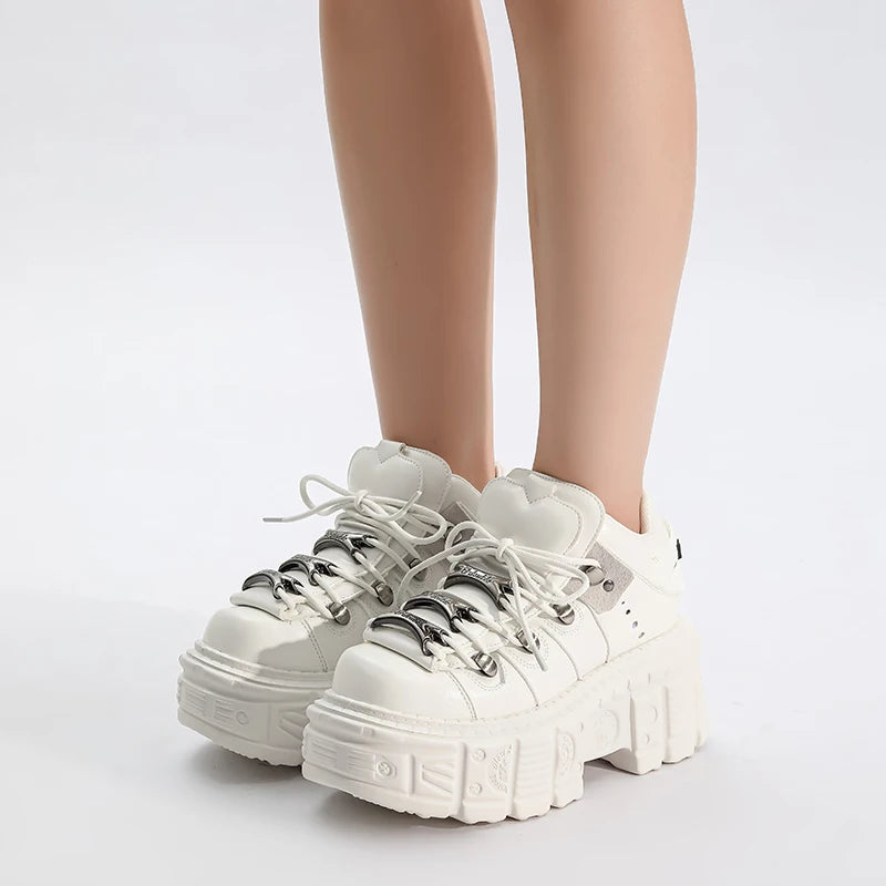 Gothic Ankle Rock Boots Women Shoes White Leather Platform New Punk Style Lace-up Heel Height Shoes Metal Decor Woman Sneakers