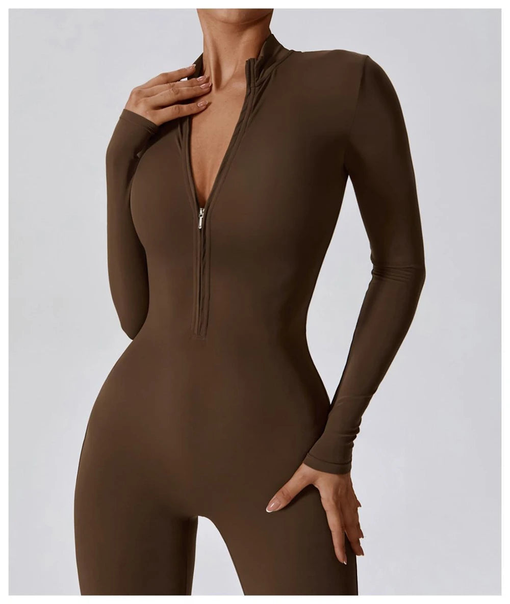 Womens Jumpsuits Long Sleeve Yoga Slim Fit Stretch One Piece Romper Sexy Fitness Female Basic Sportwears Tight Zipper Ladies
