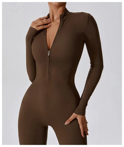 Womens Jumpsuits Long Sleeve Yoga Slim Fit Stretch One Piece Romper Sexy Fitness Female Basic Sportwears Tight Zipper Ladies