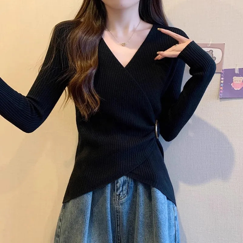 Women Wrap V Neck Ribbed Knit Top Metal Ring Buckle Flare Long Sleeve Slim Sweater