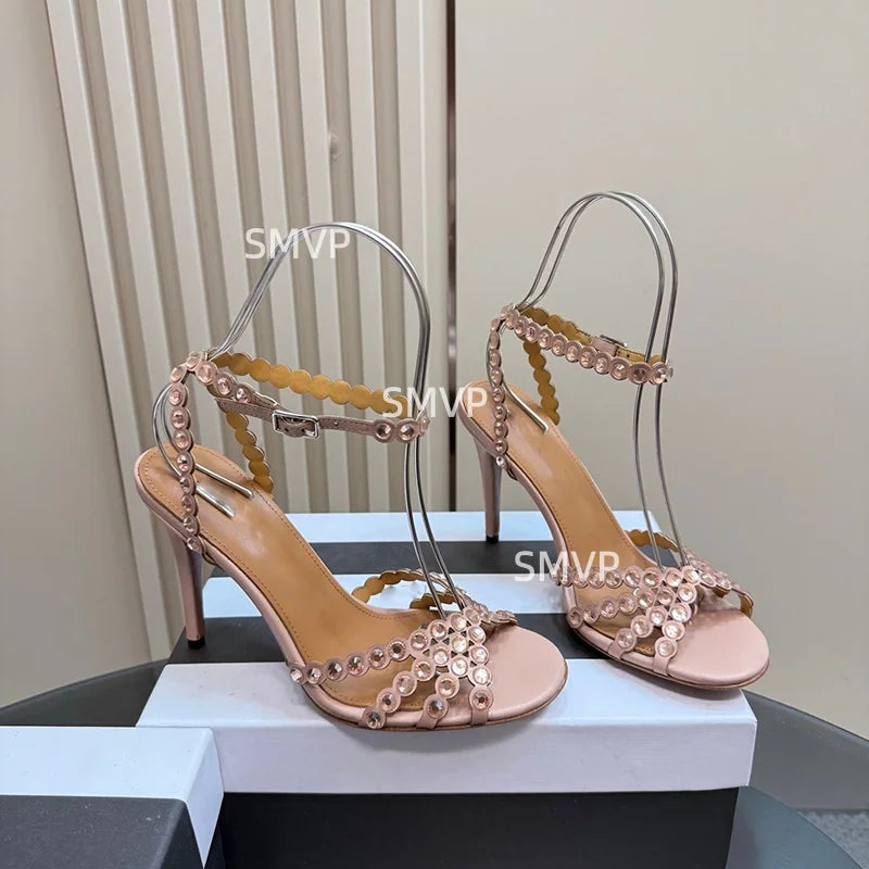 Women Crystal Rhinestone High Heel Sandals 2026 Summer New Toe Ankle Strap Thin Heels Transparent Silver Party Wedding Shoes