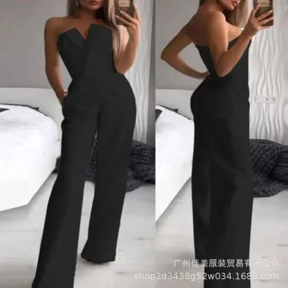 New Fashion Women's Elegant Jumpsuits Solid Off Shoulder Sexy Slim Jumpsuits Female Sleeveless High Waist Wide Leg Rompers Pants