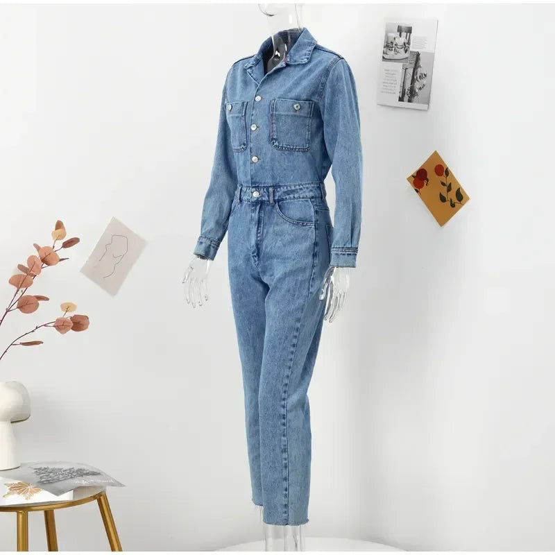 Autumn Denim Jumpsuit for Women Overalls Woman Jean Overalls Long Sleeve Elegant Jumpsuits Y2k Streetwear 2024 Turn Down Collar
