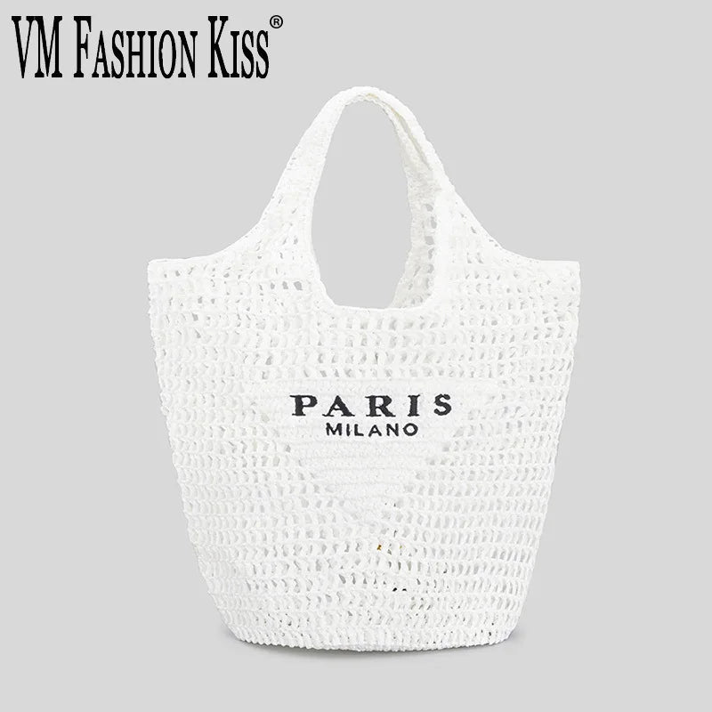 2024 Luxury Design Women Plaited Raffia Straw Bag Large Capacity Casual Tote Handbag Hollow Summer Beach Vacation Shoulder Bag